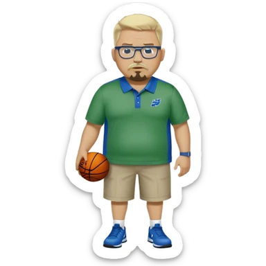 Full Body white male plus size wearing glasses with a goatee with light blonde and gray very short hair mad basketball head Coach in blue and green wearing Nike polo sticker