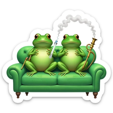 an image in the style of Studio Ghibli where two frogs are lying belly-up on a couch and smoking a hookah sticker