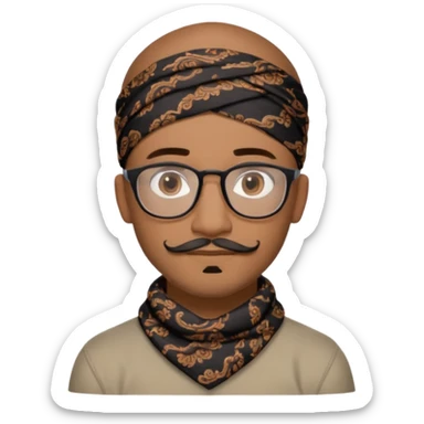 A friendly person with medium-brown skin, large warm brown eyes, thin rectangular glasses, a short mustache and small goatee, wearing a black paisley bandana. Rounded face, calm slight smile. Head-and-shoulders emoji style, bold outlines, simple shapes, bright colors, transparent background. sticker