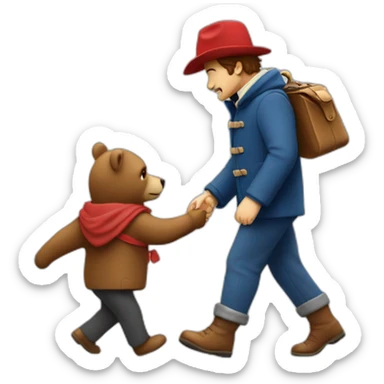 a developer walking away with paddington bear after finishing a ticket sticker