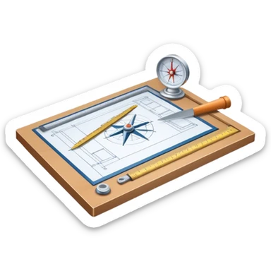 Sleek icon for Architecture: engineer's drawing board with building blueprints, 3D model of the building, ruler, compass, and protractor. Transparent background. sticker