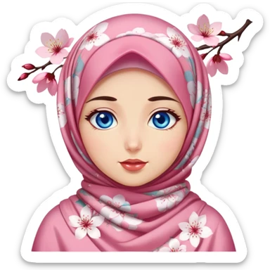 Turkish beautiful finish Konya girl blue eyes with cherry blossom floral hijab islamic dress and with yummy Drooling face sticker