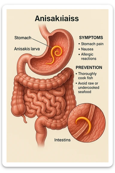 a cutaway view of the human digestive tract, showing an Anisakis larva attached to the stomach or intestinal wall. The parasite is highlighted in color, with surrounding tissue rendered in realistic detail. Educational labels describe symptoms and prevention. sticker