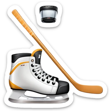 Please, make An icon featuring close-up shots of key hockey equipment: a hockey stick, puck, and skates. The background shows a packed stadium with cheering fans, bright arena lights, and an icy rink. Transparent background highlights the essentials of the game and the thrill of the sport. sticker