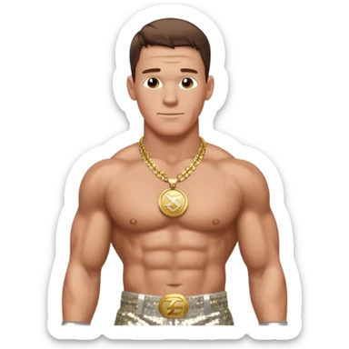 John Cena with silver sequin baggy pants, shirtless with necklace, brown hair sticker