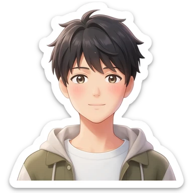 Gorgeous bright sparkly romantic Asian anime guy with blushing face aesthetic trending style outside sticker