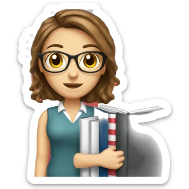 English teacher female with brown hair and brown eyes. with English and American book with usa flags sticker