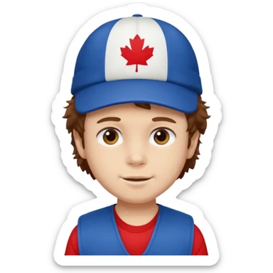 brown fluffy hair kid with blue and white cap dark blue jilet red t shirt sticker