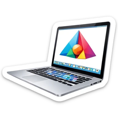 Professional icon for Graphic Design: a laptop with Photoshop open on the screen, displaying geometric shapes like spheres, cubes, and pyramids, along with a stylus. The icon should reflect the creative process in graphic design. Transparent background. sticker