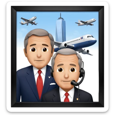  emoji of the world trade center with a plane crashed into it and george bush on a phone in front of them sticker
