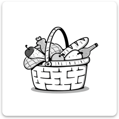 A wicker picnic basket with handle and contents like food items in pastel colors (dd9fb0, ffc6d3, a3bfc9, c4bee2, f1b091), hand-drawn doodle style sticker