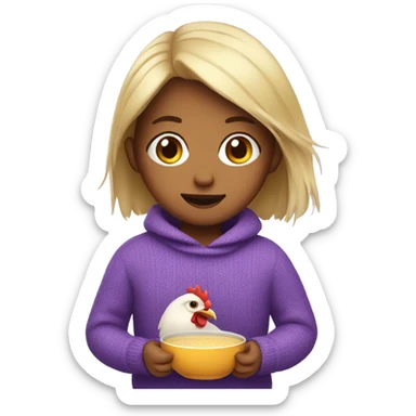 girl with purple sweater and chicken soup sticker