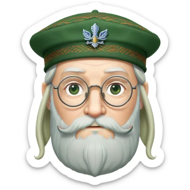 Dumbledore wear green scotland Tam o'shanter cap with decorative patterns, wear glasses, very long beard sticker