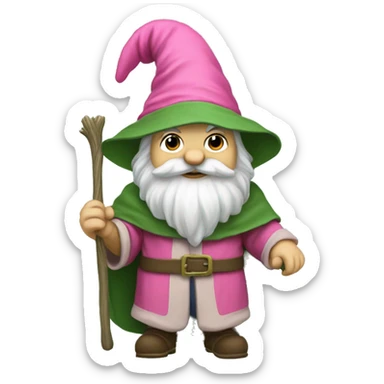 a gnome in a green cloak, a sage's hat and a pink net in his hand. sticker