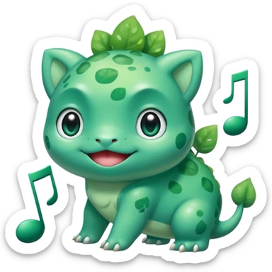 cute Bulbasaur Pokémon in Rednote app emoji style, shiny rounded face, big glossy eyes, green and teal palette, musical note symbol sticker