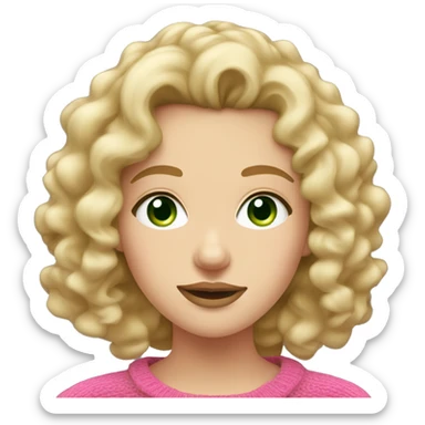 Caucasian brunette girl with curly hair and green eyes and a pink sweater blonde hair and big lips  sticker