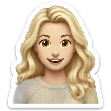 White women, long blonde balayage hair, evil smile, beige sweater sticker