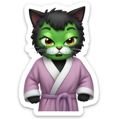 Angry Black cat wearing bathrobe with green face mask and hair in curlers  sticker
