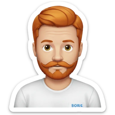 man with ginger hair and mustache and beard wearing a shirt that says “Boris” sticker