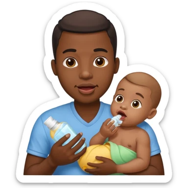 Black male licking his lips. He is holding a baby in one hand and baby oil in the other sticker