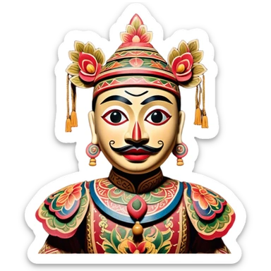 Golek Ayun-ayun – Cinematic Realistic Wayang Golek Ayun-ayun, depicted as an intricately carved traditional wooden puppet with vibrant painted details and expressive features, set on a dimly lit stage with dramatic shadows that evoke centuries of Indonesian theatrical heritage, rendered with lifelike textures and subtle ambient glow. sticker