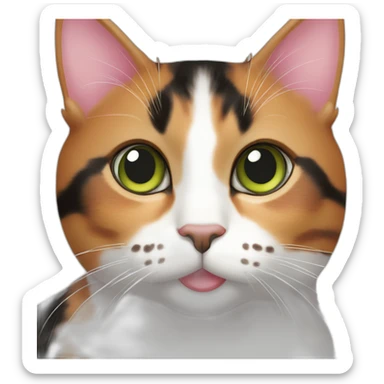 young striped calico cat face with a pink nose, white chin, green eyes, and orange/brown markings sticker