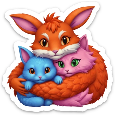 a blue bunny, a pink cat, a turtle, a fox, and baphomet hugging sticker