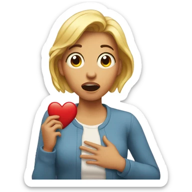 The surprised woman holds onto her heart sticker