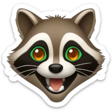 brown raccoon with orange eyes and a dark green hood that is laughing sticker