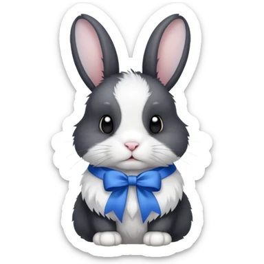 a white and black realistic domestic rabbit with a blue ribbon on its neck sticker