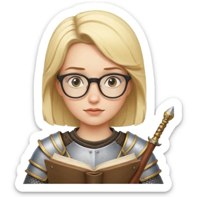 Female knight reading scroll, wearing glasses — curious expression. sticker