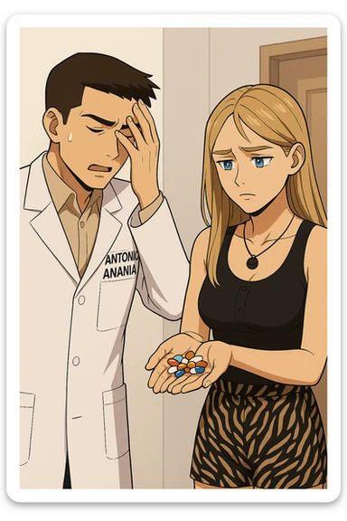fai un webtoon/manga a colori con questo kinesiologo in camice bianco (fagli la scritta "ANTONIO ANANIA" SUL CAMICE) CHE PARLA CON QUESTA RAGAZZA CON GLI OCCHI AZZURRI. LA RAGAZZA HA UN PUGNO DI INTEGRATORI IN MANO (TANTE PILLOLE DIVERSE) E LE GUARDA DUBBIOSA. IL KINESIOLOGO CON IL CAMICE BIANCO SI TIENE UNA MANO SULLA FRONTE SCONFORTATO MENTRE LE DICE CHE STA SBAGLIANDO A PRENDERE TUTTI QUEGLI INTEGRATORI. NON FARE I FUMETTI, FAI SOLO LORO COME SE DIALOGASSERO sticker