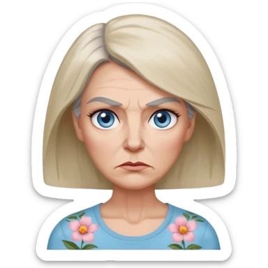 a woman in her 50s with square angry face and bambi light blue eyes and pale tan with rosacea, greyish shoulder length hair and slim face, grey thin eyebrows, thin lips and flower pattern tshirt  sticker
