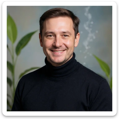 Vertical portrait of a man's face in a realistic style with a smiling expression. Include symbols of leaves and flowing water near the face. The atmosphere should convey purification and vitality. sticker