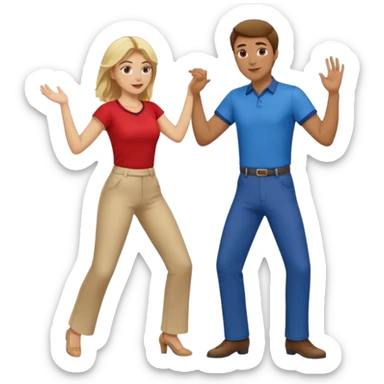 Two people dancing. Man in red shirt and pants with brown hair. Women in blue shirt and pants with blond hair. sticker