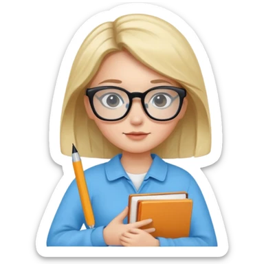 cute girl, glass, smart, Sky-blue colored clothing,
holding a book in one arm and a pen in the other hand.Holding a pen in the right hand as if teaching.Wearing black glasses, with a smart and bright-looking face. sticker