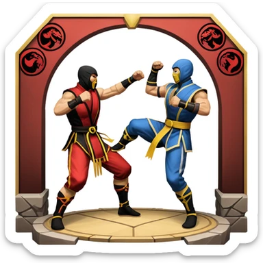An icon showing two fighters in combat poses, inspired by Mortal Kombat. One character delivers a powerful kick, while the other blocks. The background features an iconic arena from the game with life bars at the top, symbolizing intense battles. Transparent background. sticker