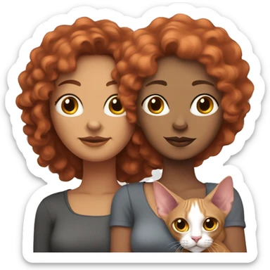 Two lesbians: one with curly red hair and the other with a dark, straight bob. They are holding two sphynx cats, one beige-pink and the other gray. sticker