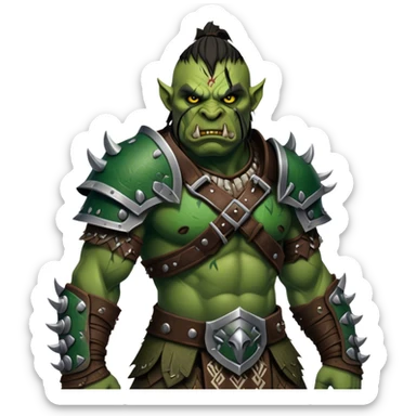 Cinematic Realistic WoW Orc Warrior Portrait, captured in a dynamic, battle-ready stance, muscles bulging beneath intricately detailed tribal armor accented with dark leather and iron. His fierce, determined eyes and battle-scarred green skin are rendered with dramatic natural lighting and high shine, exuding raw, relentless fury in a fierce combat pose. sticker