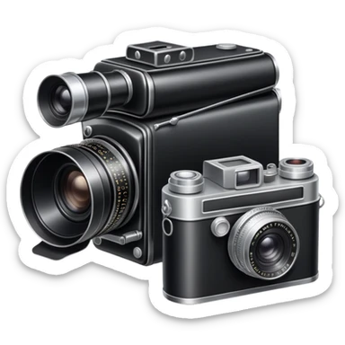 Vintage film camera with a traditional roll of 35mm film next to it sticker