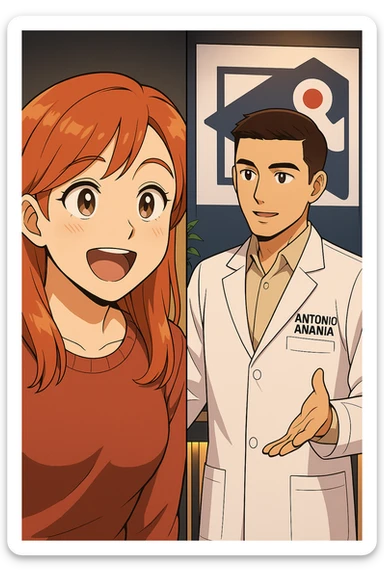 su questo stile fai un manga/webtoon a colori in cui C'è UNA STRISCIA CON FOCUS SUL VOLTO DELLA donna CON ESPRESSIONE DI STUPORE CHE ESCLAMA UNA COSA FELICE, MENTRE NELLA STRISCIA A DESTRA SI VEDE, l'uomo della foto in stile manga LE SPIEGA CHE DEVE PROVARE LA SUA VALUTAZIONE MEDICA, mantieni un ambiente simile alla foto che ho allegato con il suo logo (sarebbe il suo studio, lui è un kinesiologo), scrivigli "ANTONIO ANANIA" sul camice bianco, non mettere fumetti, ma fai in modo che sembri che la donna CHIEDA E  l'uomo RISPONDA sticker