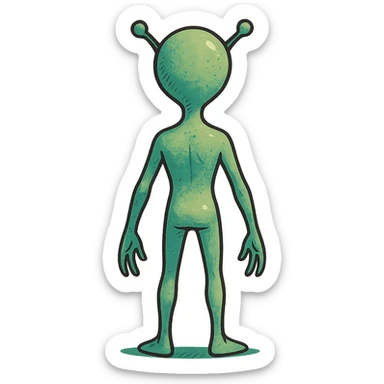 alien standing, back view, stylized illustration, creative design, imaginative style, rear view, character design sticker