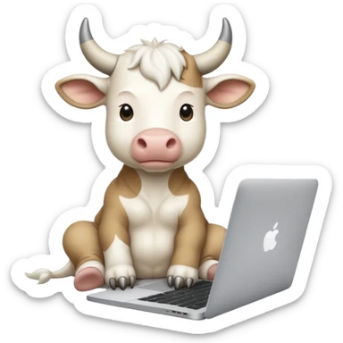 baby white bull sitting in front of a macbook, working  sticker