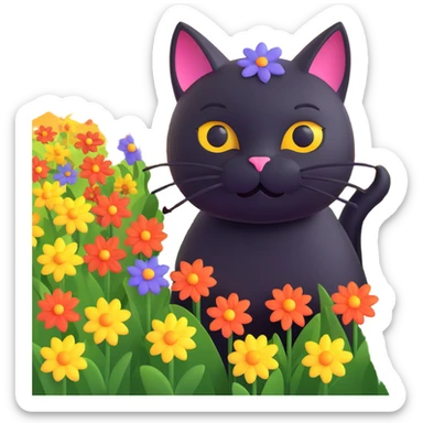 A black cat with a flower on its head in a field of flowers, dark colors sticker