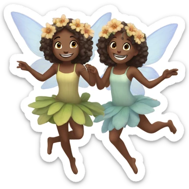 two fairies flying, beautiful, flowers in hair, smiling, aesthetic sticker