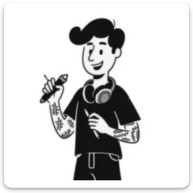 pop musician with stylish short beard, sleeve tattoos, headphones around neck, enthusiastic smile, gripping microphone with left hand and pencil with right hand sticker