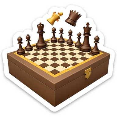 luxury cardboard box open with chessboard partially visible inside, chess pieces flying around scattered, emoji style sticker