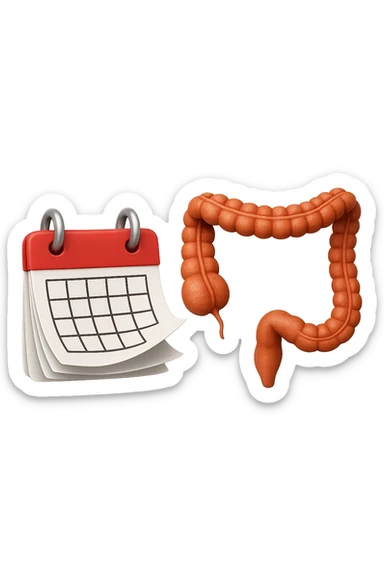 emoji stile iphone di un calendario con fogli che volano insieme a pezzi anatomici di colon umano, iperrealistico 4k, isolato su sfondo bianco sticker