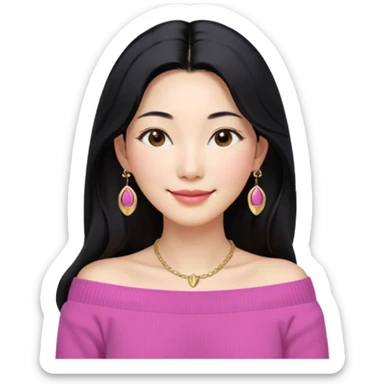 South Korean girl in her mid-thirties with long black hair and a middle part. She is wearing a pink colored, off the shoulder long sleeve knit sweater. She has small gold earrings and a gold necklace. She has brown eyes with narrow, mono lid shape and smiling with lips together sticker