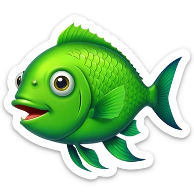 ridiculously stupid bright green fish in side profile facing right, extremely wide eye, gaping mouth open in surprise, looks completely baffled, flat 2D side view only sticker